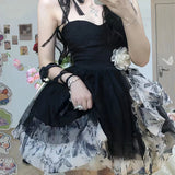topbx Summer Gothic Lolita Black Mini Dress Women Vintage  90s E girl Punk Slim Party Club Dress Women Suspender Tie Dye Skirt Mesh