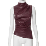 topbx Women Y2K Vintage Pu Simple Basic Tank Top High Waist Skinny Shrunk Slash Cut Sleeveless Tops Versatile Noble Shirts
