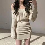 topbx Korean Mini Dress Women Sexy V Neck Sweater Fashion Elegant Bodycon Dresses Long Sleeve Pleated Robe Knit Vestidos
