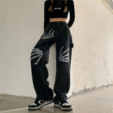 topbx Skeleton Pants Vintage High Y2k Jeans Women Female Black Denim Printed Trousers Baggy Casual Wide Leg Pants Street Style