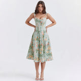 topbx Summer Dress Women 2024 Green Lace Up Floral Print Dress Elegant with Boning Casual Party Holiday Dress High Quality