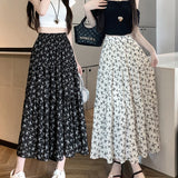 topbx Korean Fashion Floral Print Skirt Women 2023 Summer New Elegant Black Long Skirt Female A-line Drap Beach