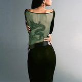 topbx 2000S Dragon Pattern Slim Long Dress Lady Elegant Sexy Back Mesh Dresses Chic Fall Outfits Y2K 2024