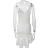 topbx Summer Sexy Dress for Women V Neck Elegant Ruffles 2024 Strap Sleeveless Office Lady Vintage Party White Dress 21758