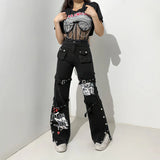 topbx American Punk Style Black Jeans Woman Summer Graffiti Cargo Pants Metal Buckle Fashion Vintage Straight Flared Pants