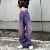 topbx Purple Baggy Jeans Women Boyfriend Style High Waist Gradient Color Washed Y2k Cargo Pants Mopping Straight Denim Trousers