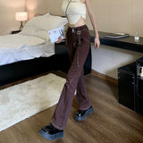 topbx Brown Jeans Flared Pants Women High Waist Vintage Korean Fashion Y2k Design Sense Commuter Casual Wide Leg Trousers