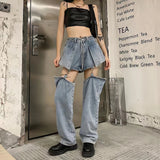topbx Blue Jeans Women Korean Fashion Y2k High Waist Design Baggy Detachable Shorts Straight Wide Leg Black Pants
