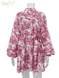 topbx Loose Print Women'S Dress 2024 Fashion Stand Collar Puff Sleeve Mini Dresses Elegant Lace-Up Pleated Female Dress