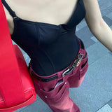 topbx Boyfriend Style Baggy Jeans Women Denim Trousers High Waist Y2k Vintage Washed Distressed Wide Leg Mopping Red Pants