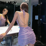 topbx Y2K Chic Glitter Party Outfit Fairy Chain Pleated Slim Dresses Sexy Backless Mini Dress 90s Lace Up Club Cloths