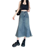 topbx Women's Long Jeans Skirt High Fringe Denim Bag Skirt Retro High Fishtail Denim Skirt A-Line Loose Casual Skirt