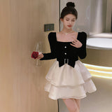 topbx Princess Dress Lolita Clothes Skirt Party Black Mini Dress Long-sleeved Luxury Elegant Design Sweet Girl Slimming Waist Skirt
