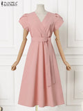 topbx 2023 Women Fashion A Line Dress Elegant OL Work Mid-calf Summer Short Sleeve Sundress Vintage Party Robe