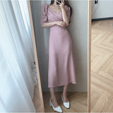 topbx Thanksgiving Day Gifts Korean Style Puff Sleeve Dress Women Long Sleeve Sexy V-Neck Slim A-Line Female Lace-Up Short Sleeve Summer Dresses Vintage