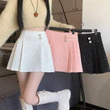 topbx New Fashion Korean Mini Skirt Y2K High Waist Sequined Tweed Pleated Skirts Women School Girl A-Line Skater