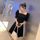topbx Summer Short-sleeved Dress for Women Korean Fashion Retro Square Neck Bubble Sleeve Black Dresses Waist Retraction Mini Dresses