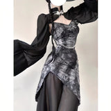 topbx Chiffon V-Neck Tie Dye Chinese Style Spaghetti Strap Elegant Maxi Dresses for Women Sleeveless Vintage Dress
