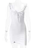 topbx  Y2K Cute Vintage Ruffles Trim Deep V White Mini Dresses 2000s Fashion Bandage Backless Slit Dress Slim