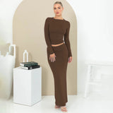 topbx Autumn Solid Round Collar Long Sleeves Half-Length Skirt Slim Suit 2024 Casual Women Two-Piece  Set
